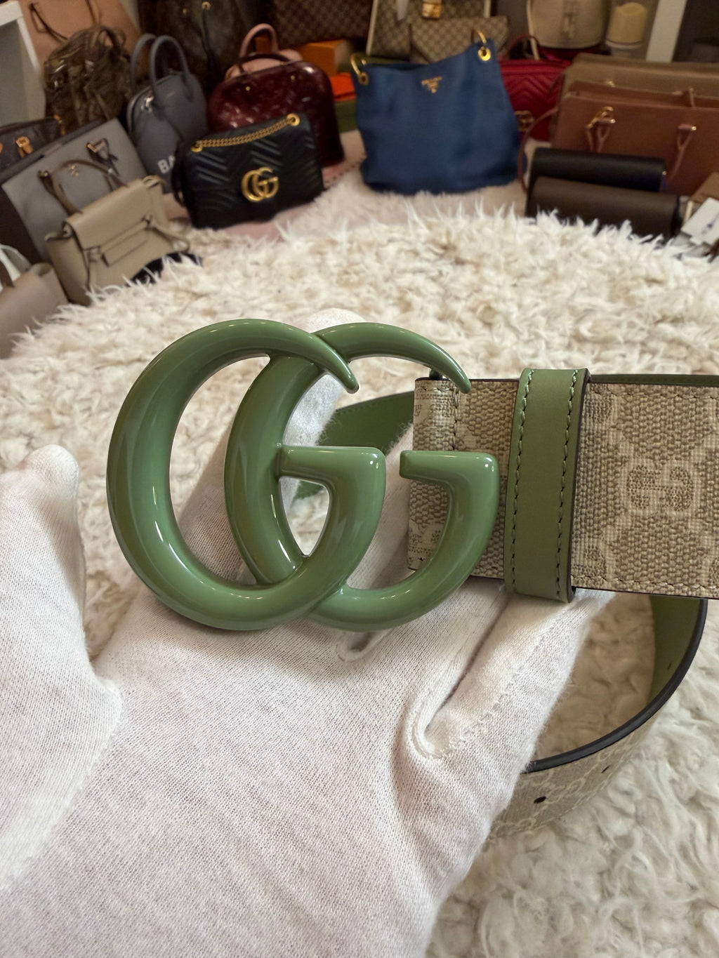 Gucci Belt White Gg Green sz 80 Bnew Limited